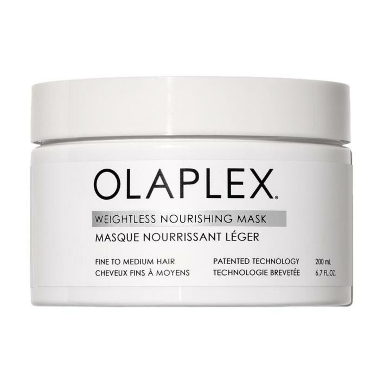 Weißer Tiegel mit Olaplex-Schriftzug. Text: Weightless Nourishing Mask, Masque Nourrissant Léger. Für feines bis mittlere Haar.