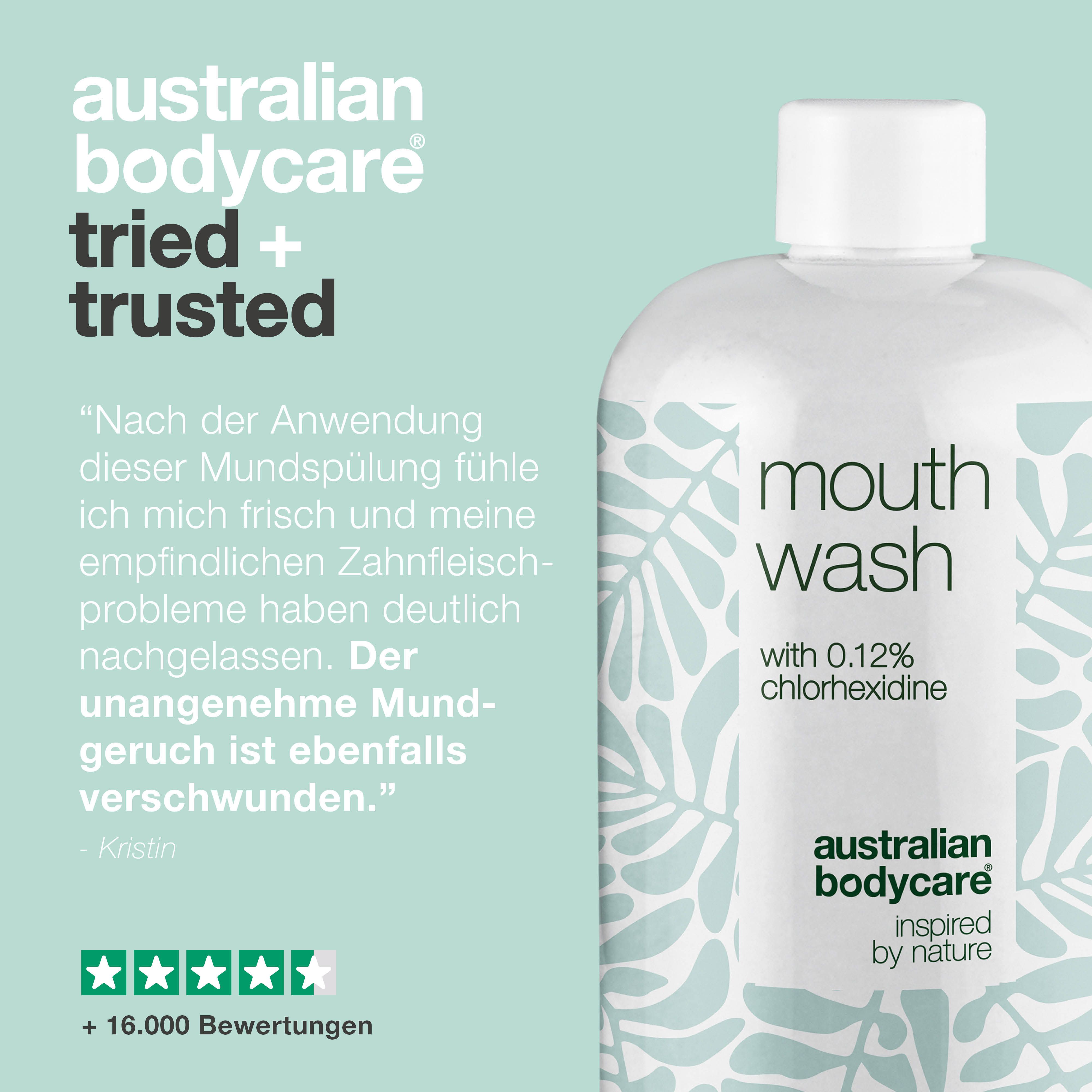 Produktflasche neben Text: Erfahrungsbericht, 5 Sterne Bewertung, +16.000 Bewertungen. Australian Bodycare.