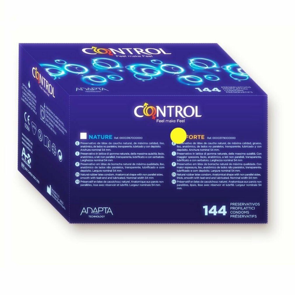 Blau verpackte Schachtel mit "CONTROL"-Logo und Produktbezeichnung. Enthält 144 Kondome. Text in mehreren Sprachen.