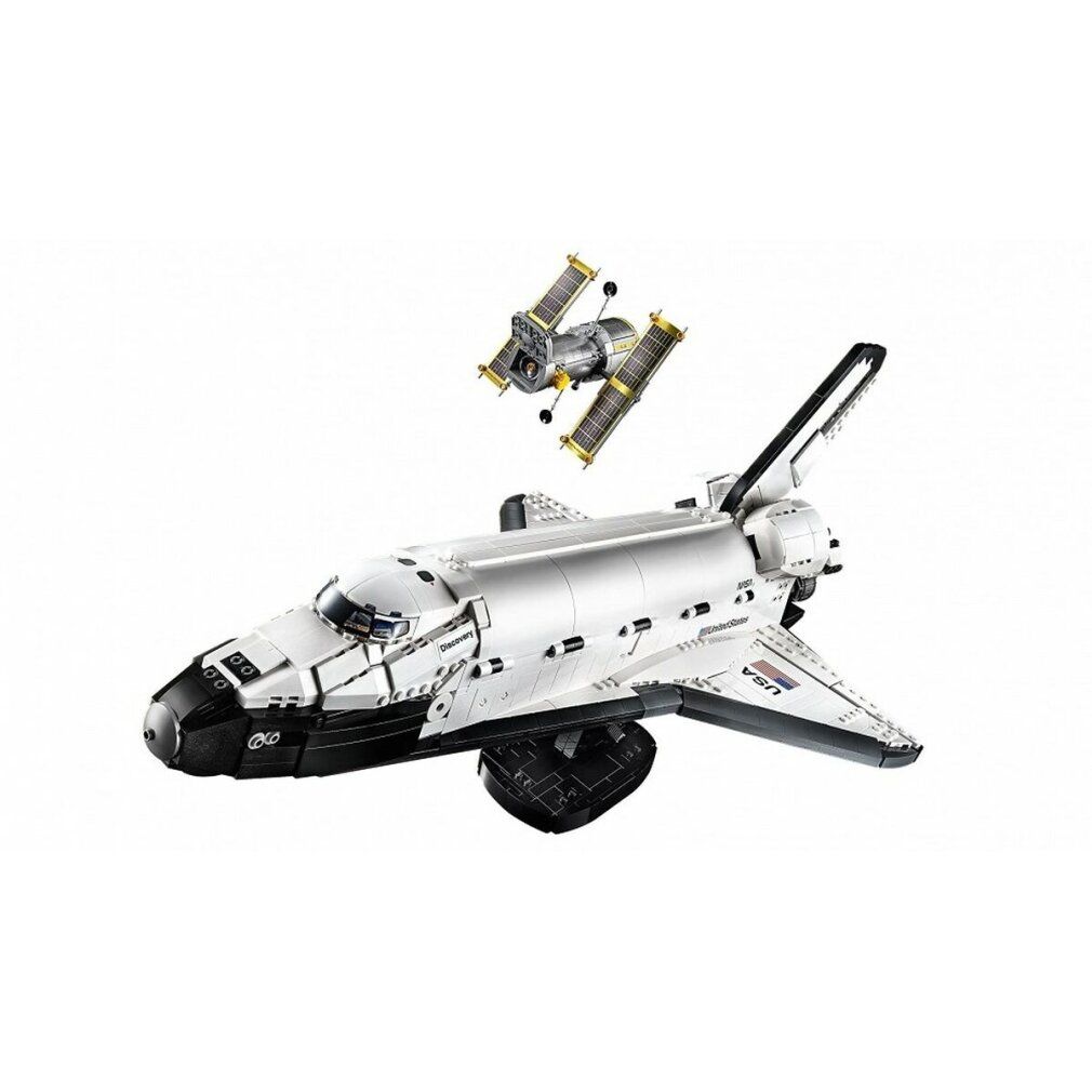 LEGO Space Shuttle Discovery und Satellit. Weiß, grau und schwarz. Detailansicht.