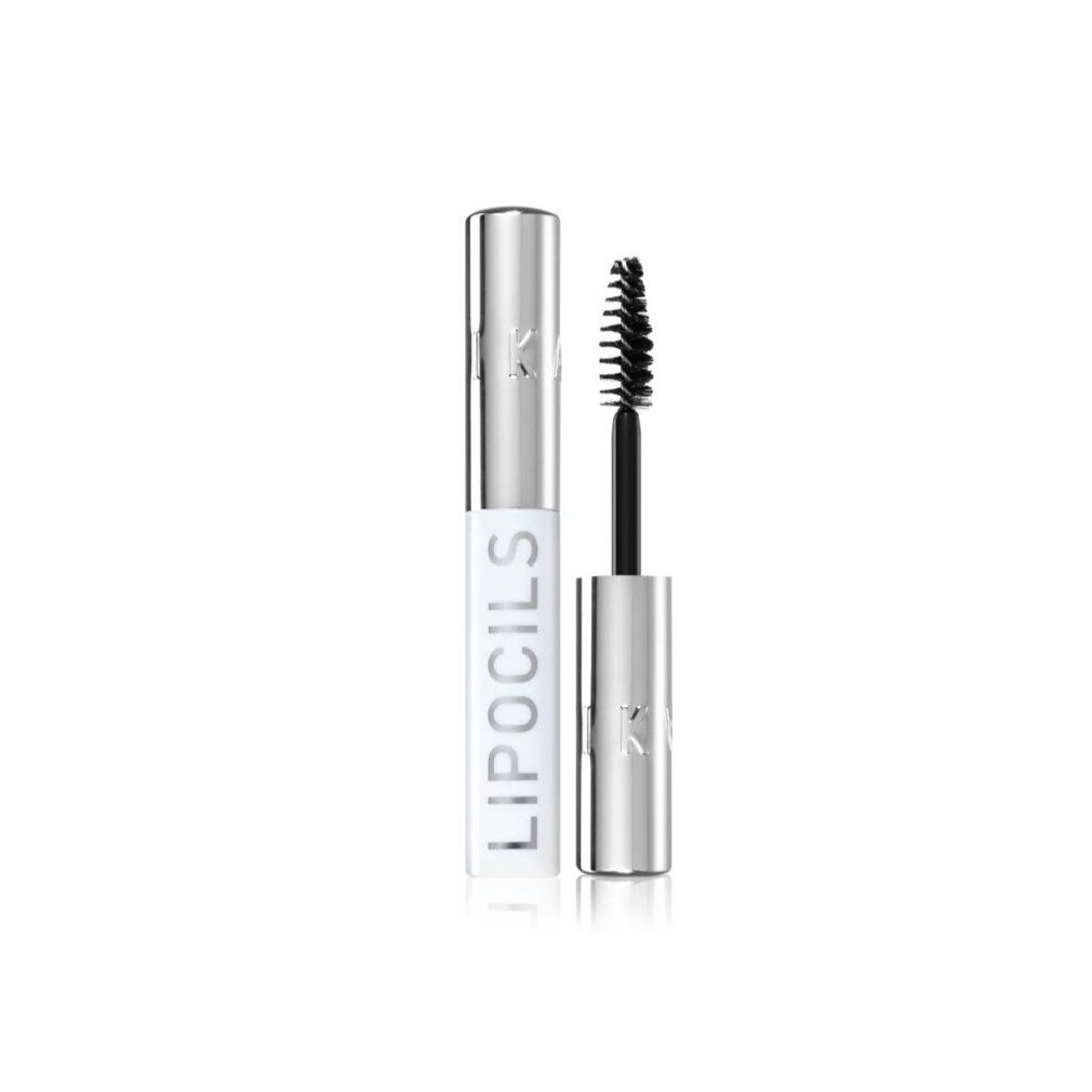 Weißer Behälter mit silberner Kappe und Bürste. Aufschrift: lipocils. Produkt für die Wimpernpflege.