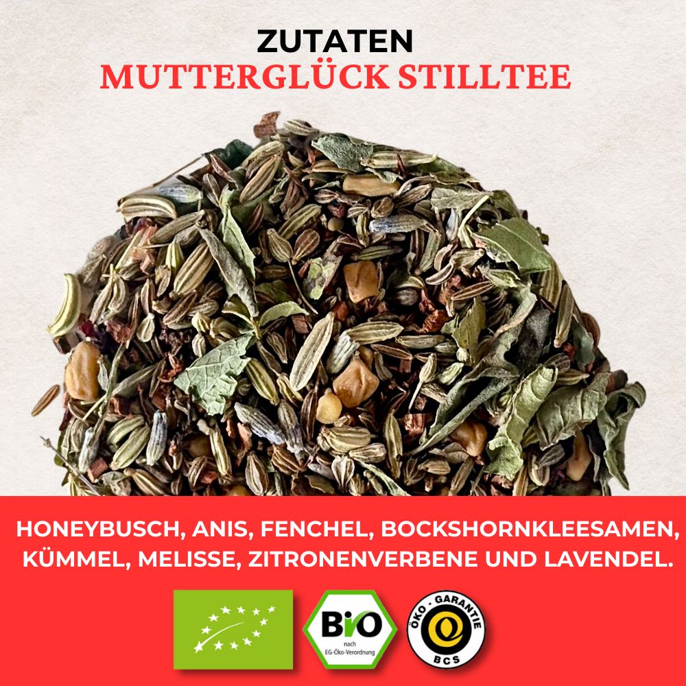 Haufen loser Kräuter. Zutaten: Honeybusch, Anis, Fenchel, Bockshornkleesamen, Kümmel, Melisse, Zitronenvervene und Lavendel. Bio-Siegel.