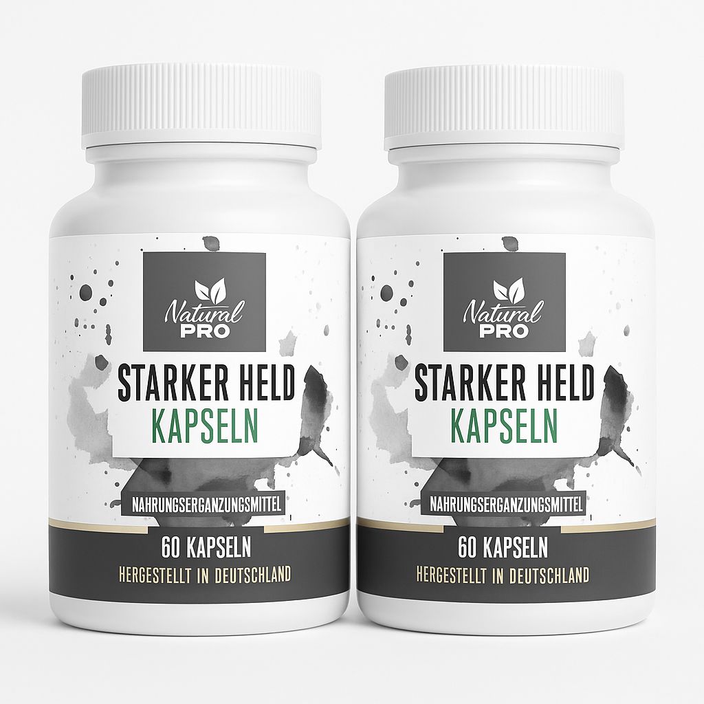 Zwei Flaschen Starker Held Maca Kapseln, jeweils 60 Kapseln, hergestellt in Deutschland.