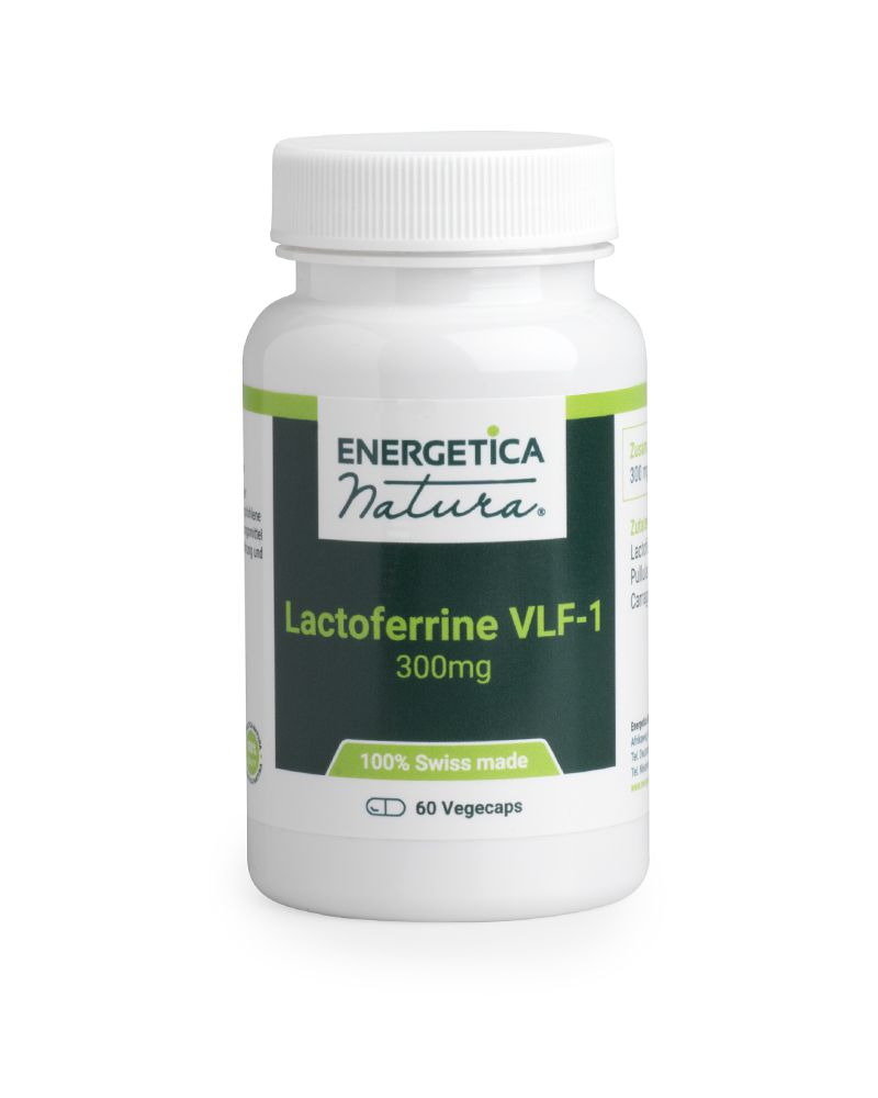 Weiße Flasche mit grünem Etikett. Beschriftung: Lactoferrine VLF-1 300mg. Text: Energetica Natura. 100% Swiss made. 60 Vegecaps.