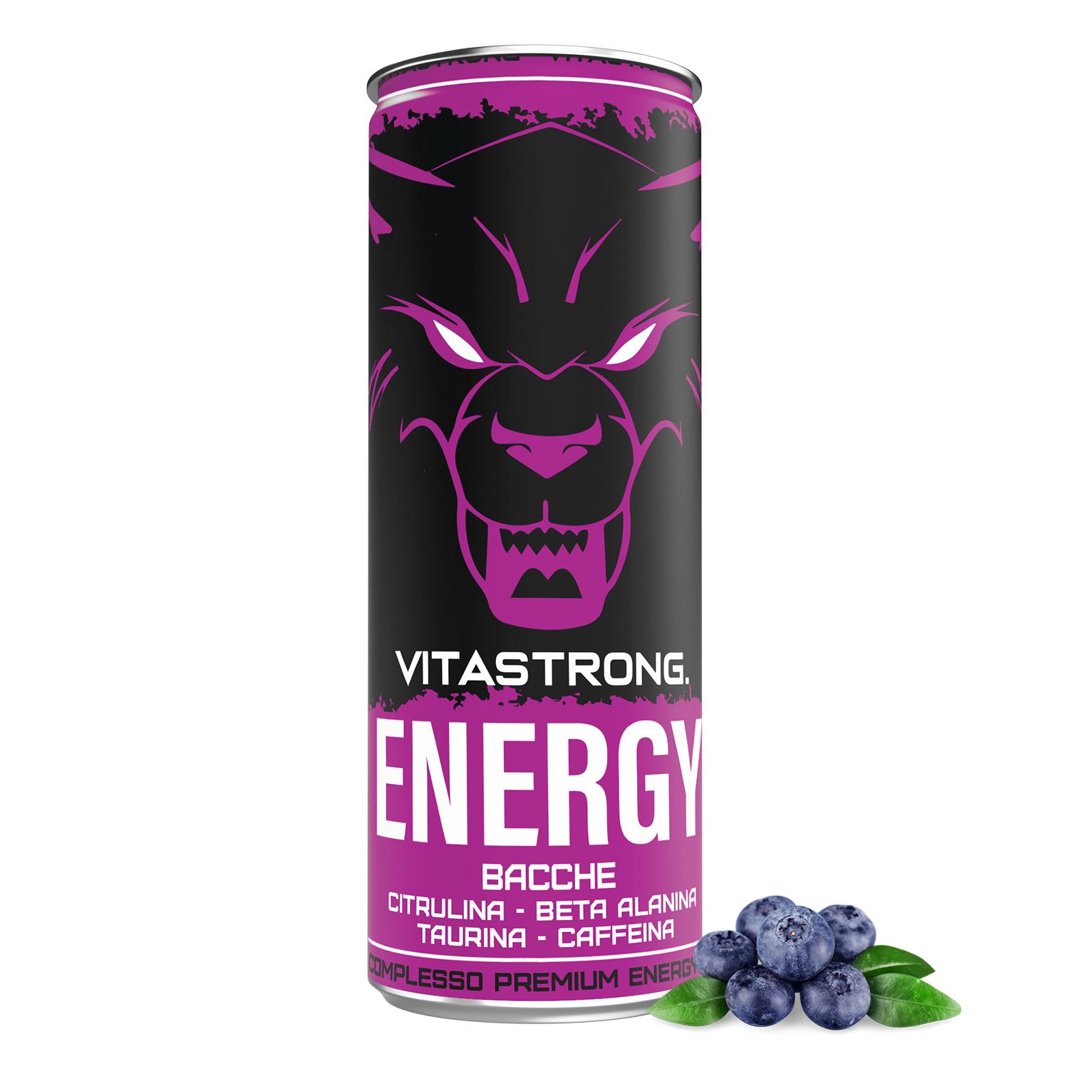 Vitastrong Energy Berries. Schwarze Dose mit Wolfsgesicht. Aufschrift: ENERGY, BERRY. Blaubeeren daneben.