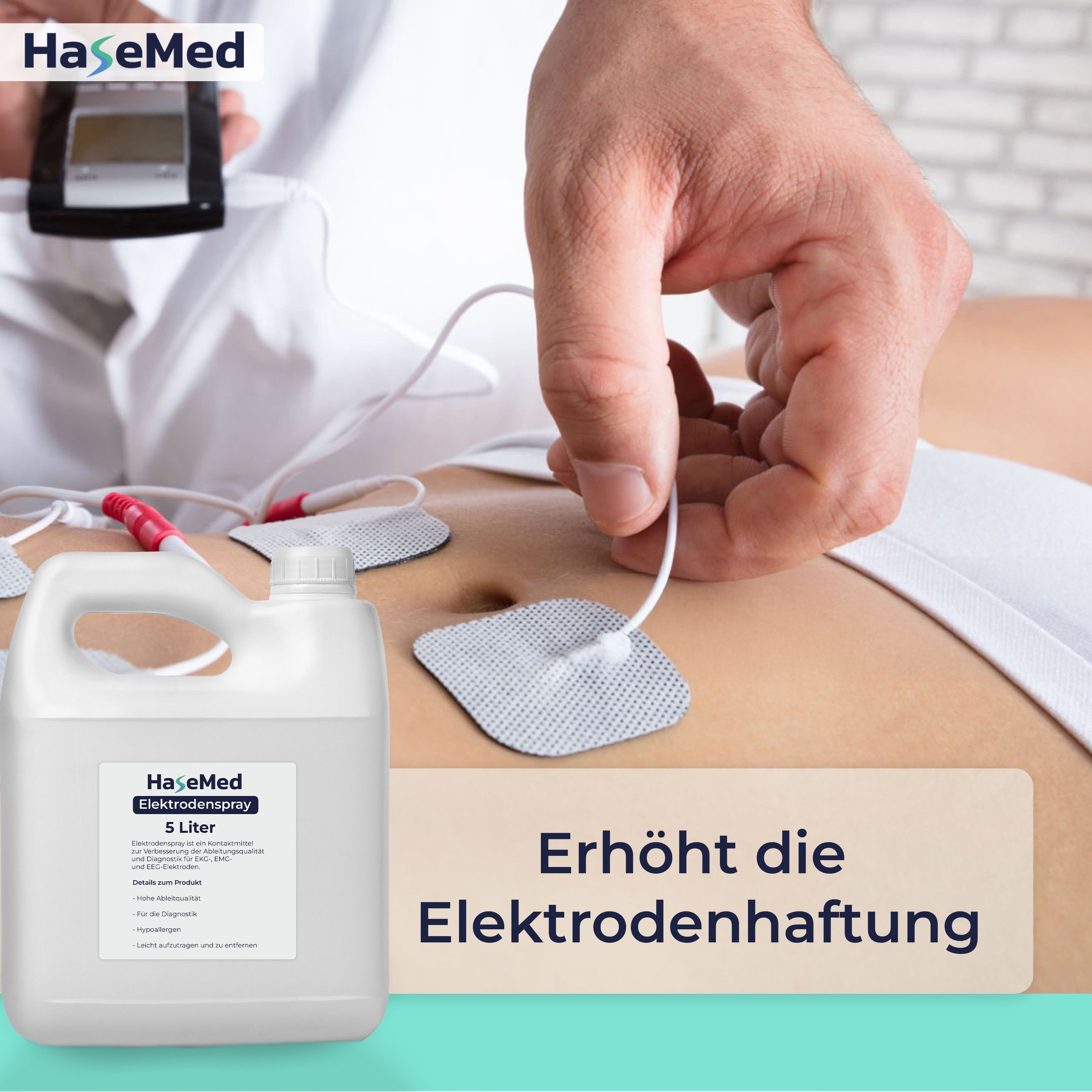 Person mit Elektroden und HaseMed Elektrodenspray, 5 Liter. Etikett mit Produktinformationen. Text: Erhöht die Elektrodenhaftung.