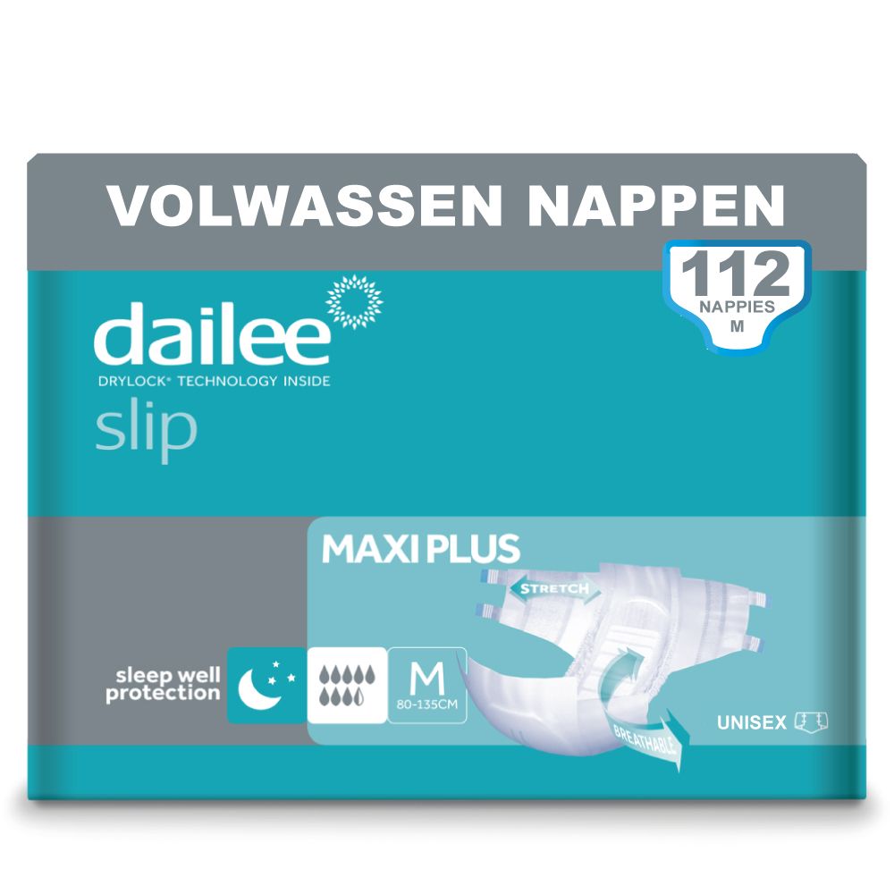 Verpakking Dailee Slip Maxi Plus. Maat M, unisex. 112 stuks. Turquoise en grijze verpakking met productafbeelding.