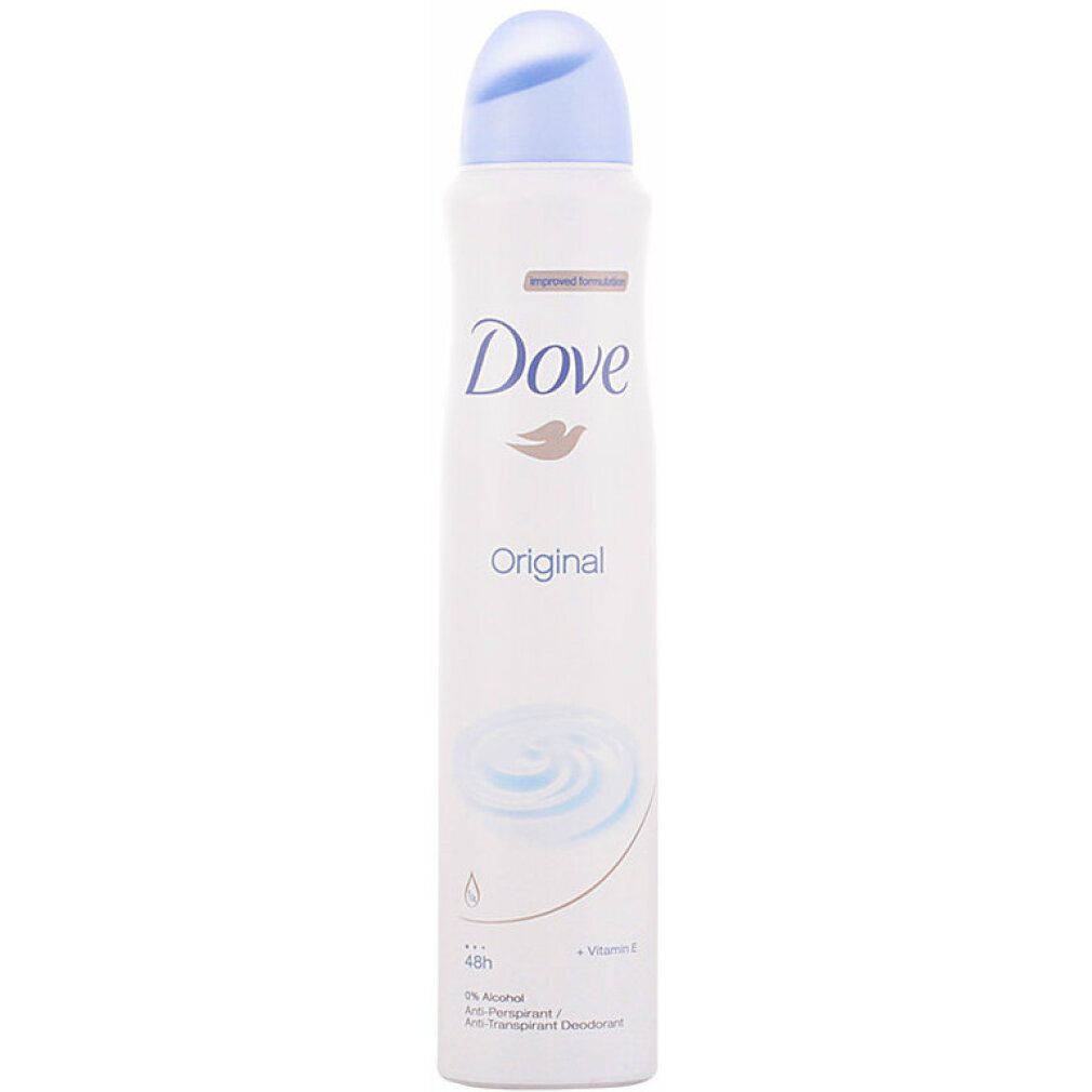 Dove Original Anti-Perspirant Deodorant Spray. Weißes Spray mit blauem Deckel. Dove-Logo und Schriftzug 'Original' sichtbar.