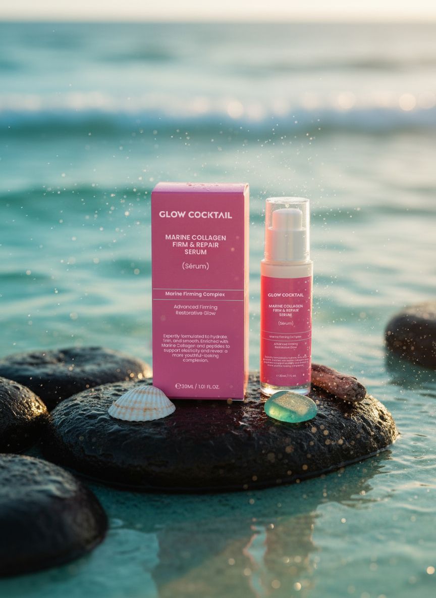 Glow Cocktail Marine Collagen Serum und Box am Strand.