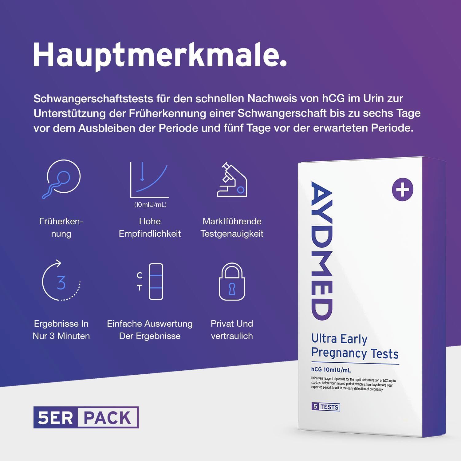 Produktverpackung mit Produktnamen und Logo. Text mit Hauptmerkmalen und Icons. 5er Packung. Ultra Early Pregnancy Tests.