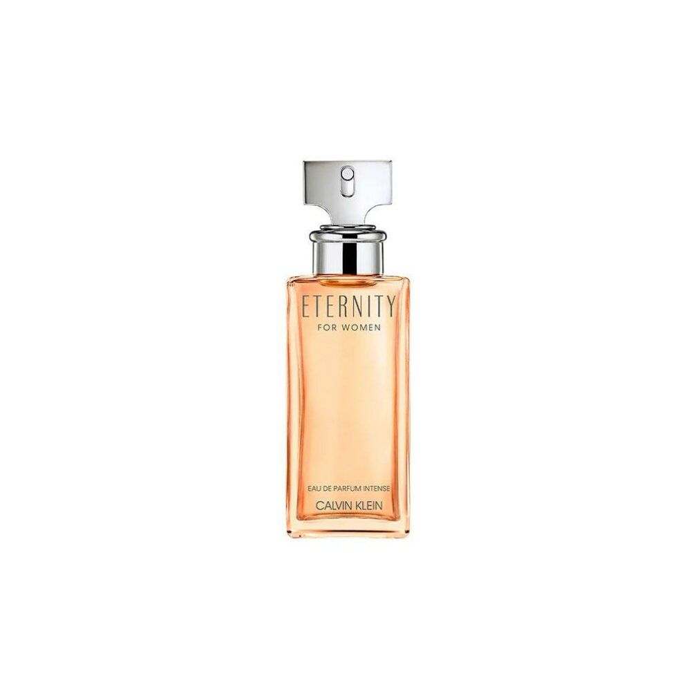 Parfümflasche mit silberfarbenem Verschluss. Aufschrift: Eternity for Women, Eau de Parfum Intense, Calvin Klein.