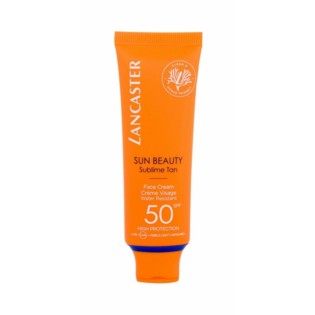 Orange Tube mit Sonnencreme. Text: Lancaster, Sun Beauty, Sublime Tan, Face Cream, SPF 50, High Protection.