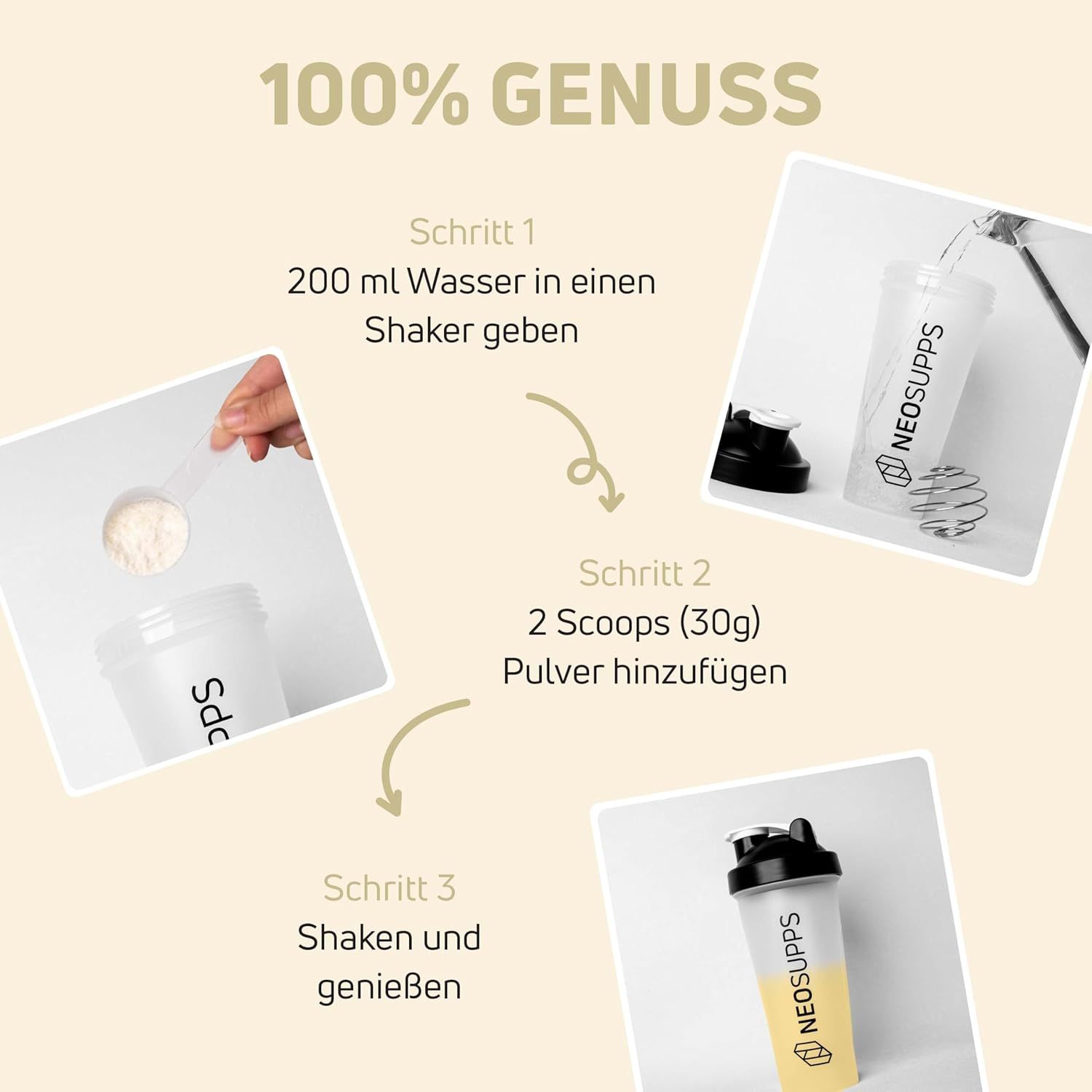 Anleitung zur Zubereitung von Isolate Whey. Schritte: Wasser in Shaker, 2 Messlöffel Pulver, schütteln.