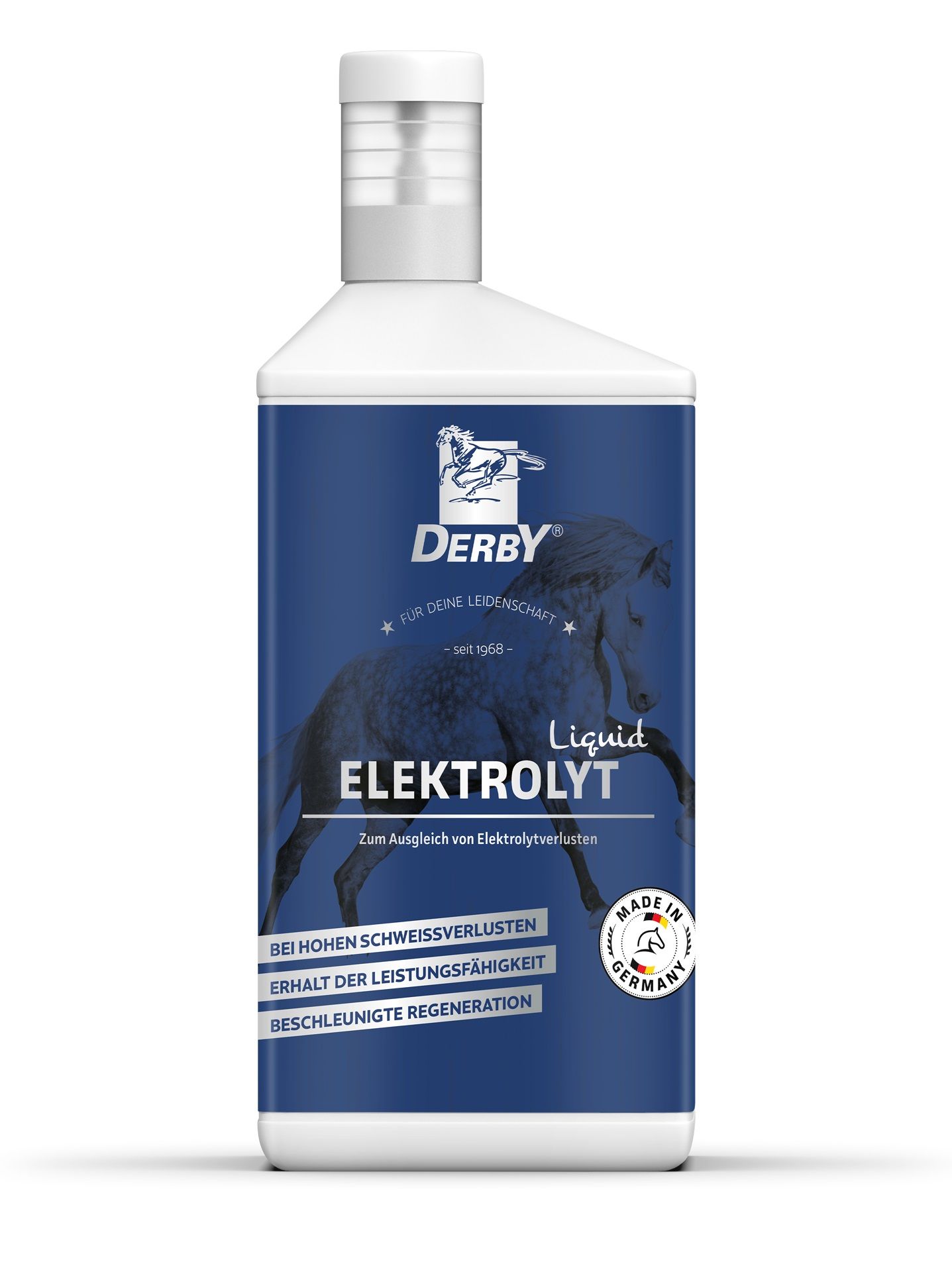 Flasche Derby Elektrolyt Liquid. Blaues Etikett mit Pferd, Produktname und Text. Made in Germany-Siegel.