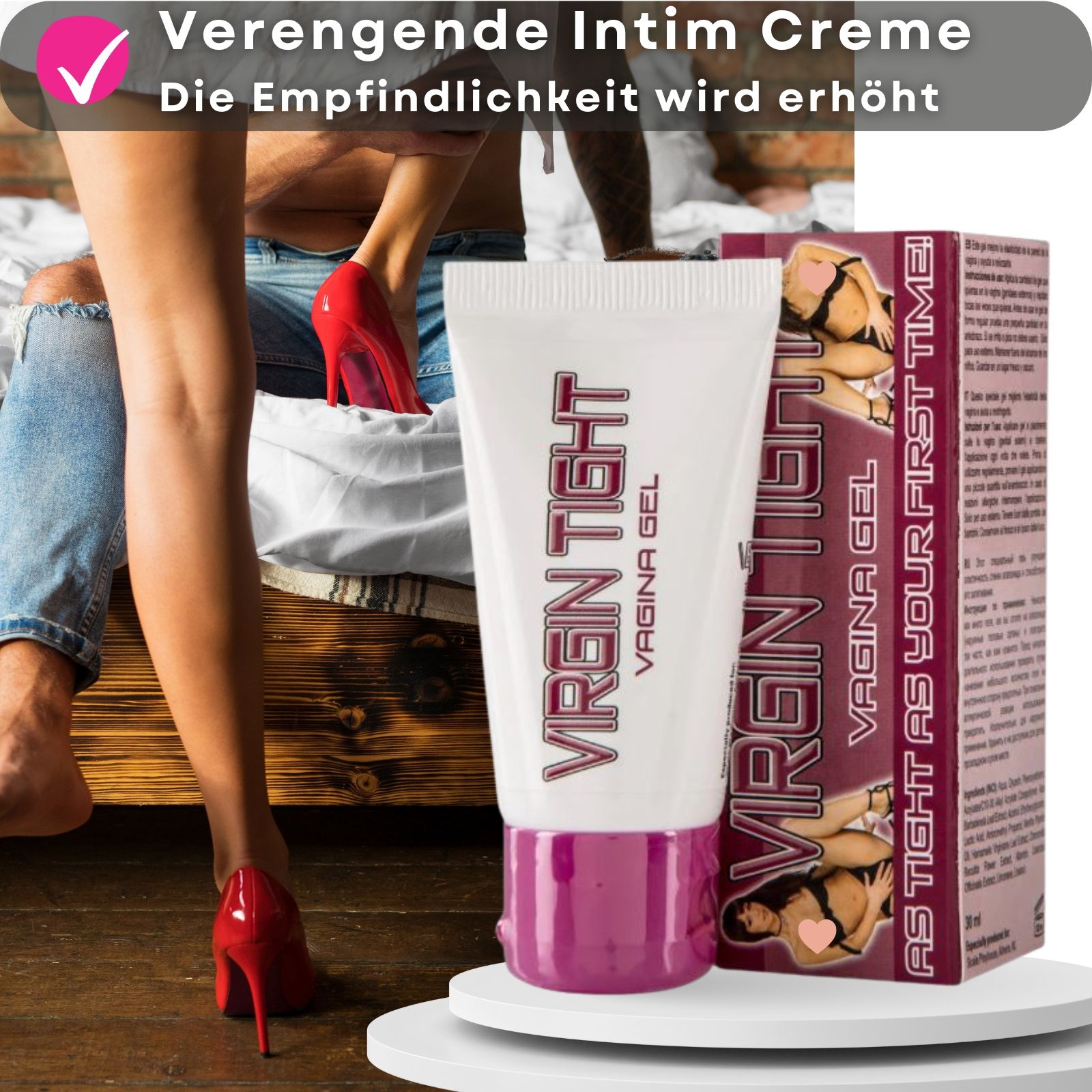 Tube mit Produktaufdruck. Aufschrift: Virgin Tight Vagina Gel. Daneben eine Verpackung.