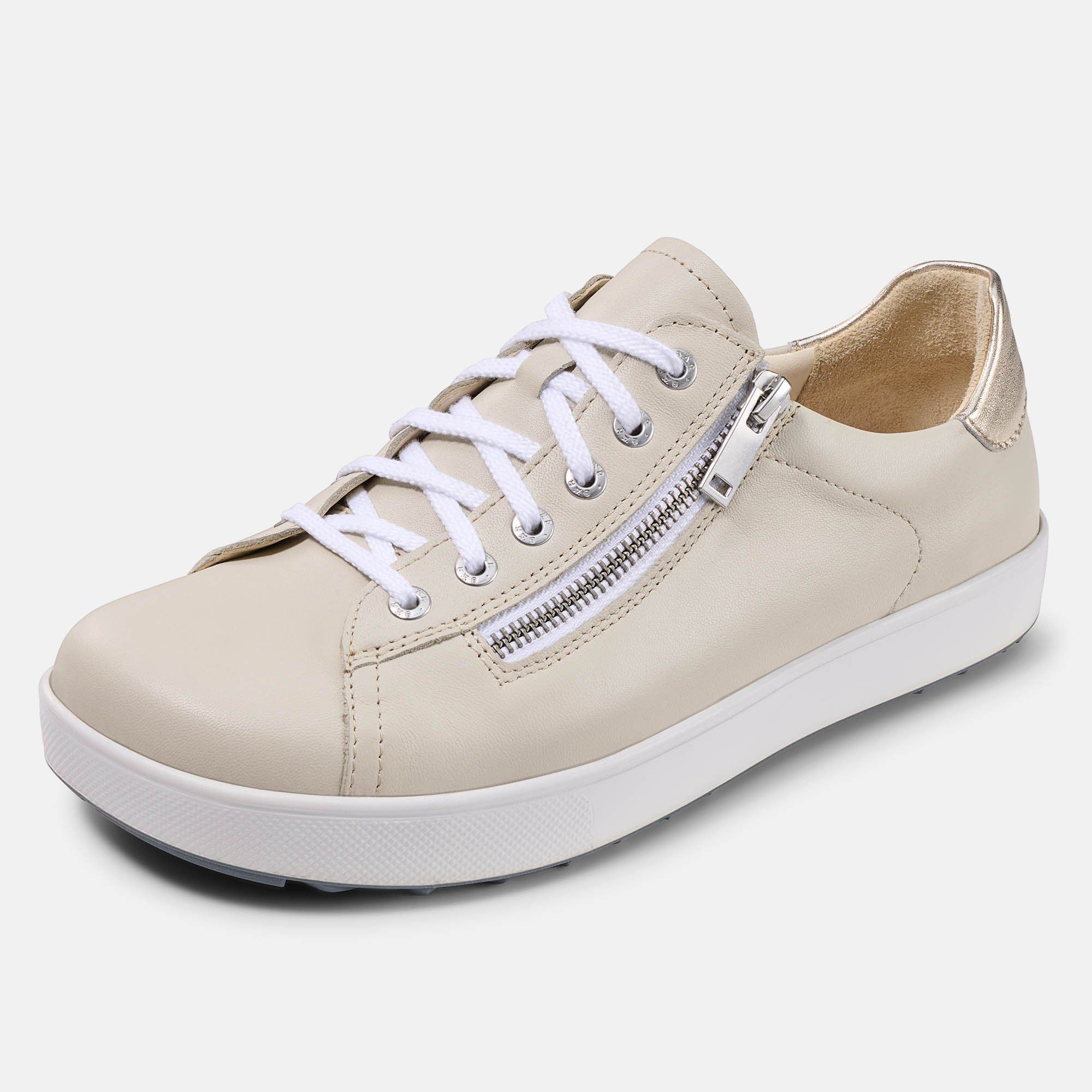 Beige Schnürschuh mit Reißverschluss und weißer Sohle. Goldfarbener Akzent an der Ferse. Seitenansicht.
