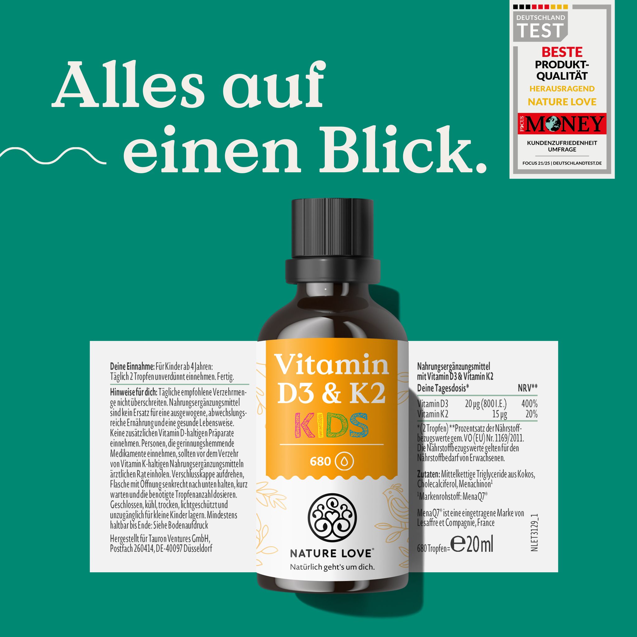 Braunes Glasfläschchen und Beipackzettel. Oben rechts Siegel 'TEST'. Text: 'NATURE LOVE', 'Alles auf einen Blick'.