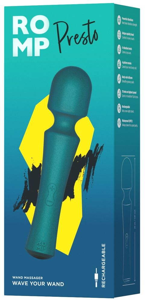Blaugrüner Vibrator in Verpackung. Aufschrift ROMP Presto. Merkmale: 6 Vibrationen, 4 Muster, wasserdicht, wiederaufladbar.