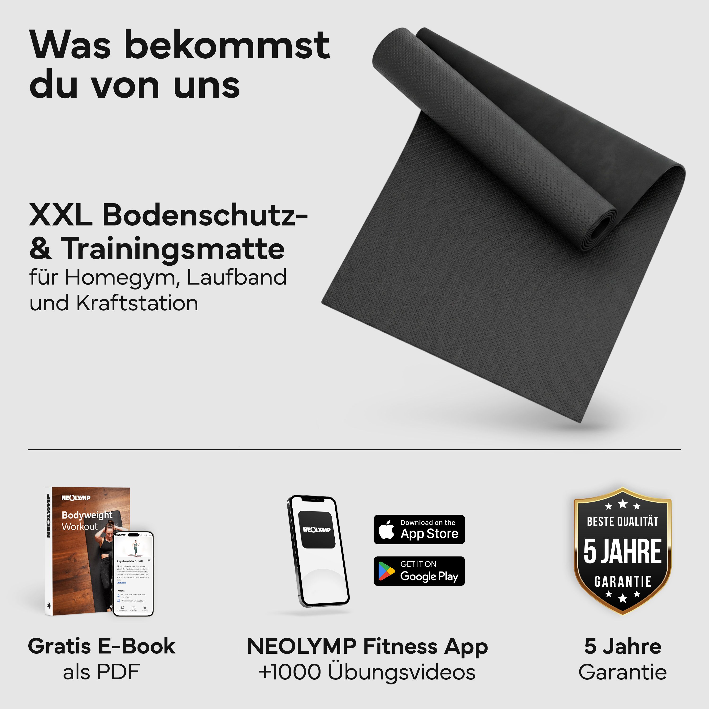 Schwarze Trainingsmatte, gerollt. Text: XXL Bodenschutz- & Trainingsmatte. Gratis E-Book, NEOLYMP Fitness App, 5 Jahre Garantie.