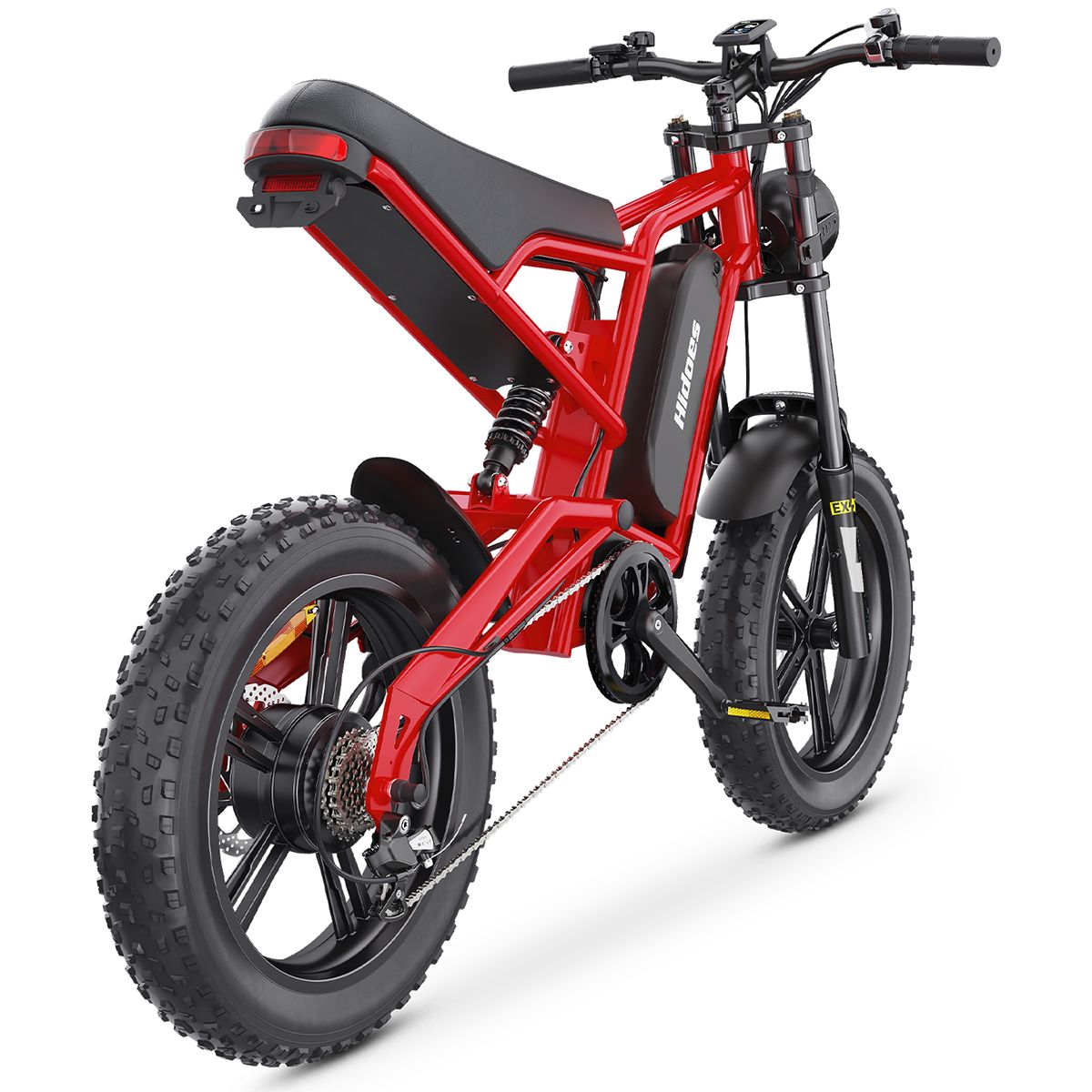 Rotes Elektrofahrrad mit schwarzen Reifen. Rückansicht. Hidoes-Logo auf dem Akku.