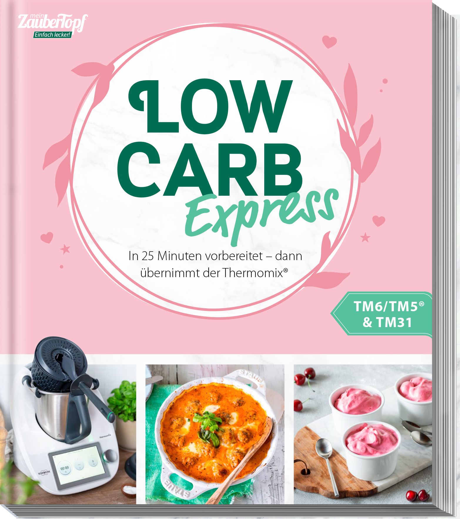 Kochbuch "LOW CARB Express". Rosa Cover mit Titel in Grün. Enthält Bilder von Gerichten und Thermomix-Logo.