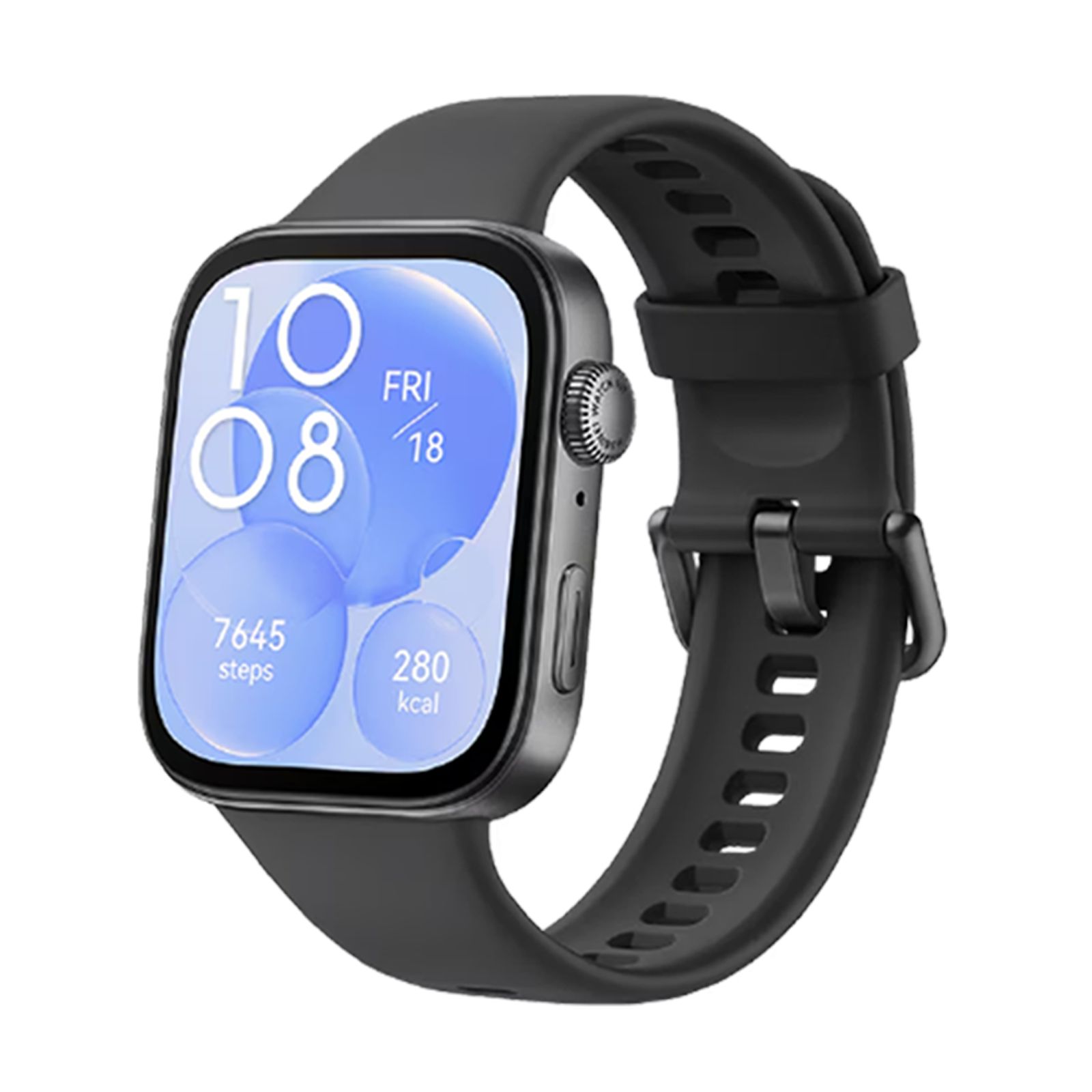Schwarze Smartwatch mit schwarzem Armband. Quadratisches Display mit Uhrzeit und Fitnessdaten. Seitliche Taste.