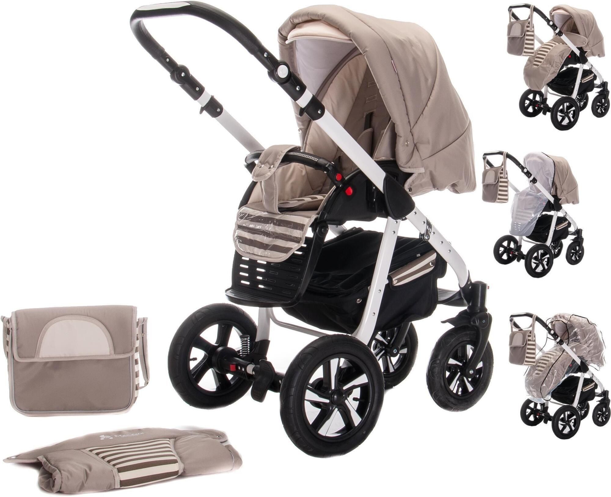 Kinderwagen-Komplettset in Beige und Weiß. Enthält Babywanne, Sportwagenaufsatz, Wickeltasche und Zubehör.