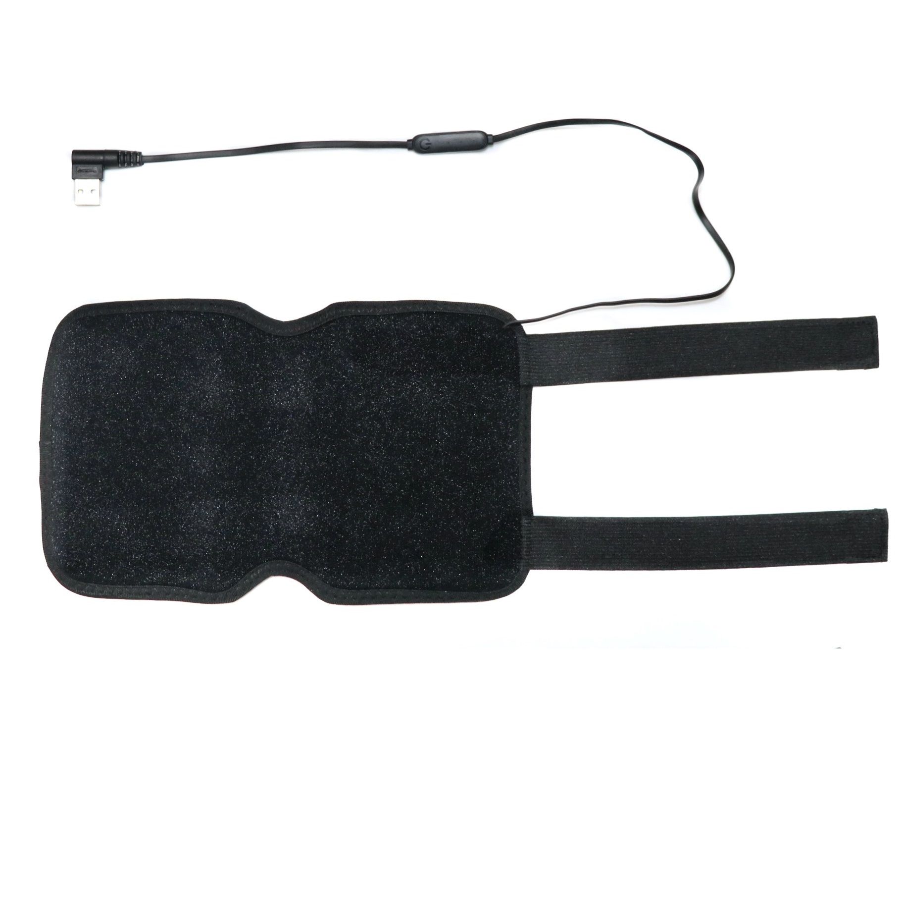 Schwarzes Heizpad mit Klettverschlüssen und USB-Kabel. Das Pad hat eine geschwungene Form.