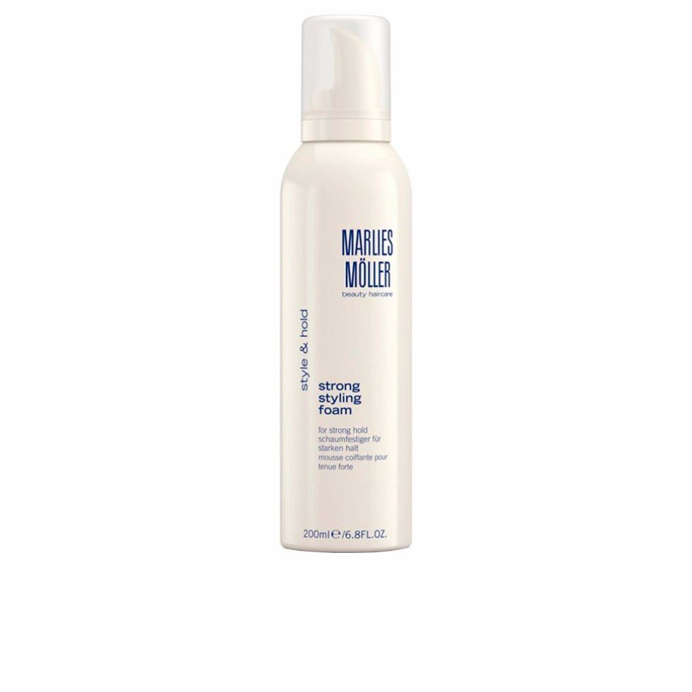 Weißes Fläschchen mit Sprühkopf. Aufschrift: Marlies Möller, Style & Hold, strong styling foam. 200ml/6.8fl.oz.