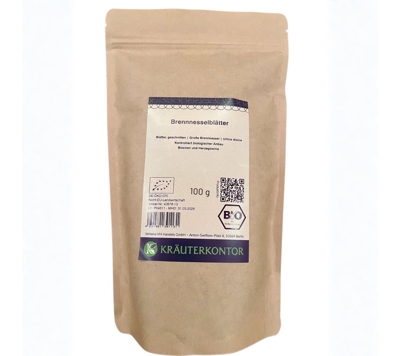 Brauner Beutel mit Kräuterkontor Große Brennnesselblätter. Aufdruck mit Produktname, Bio-Siegel und QR-Code. 100 g.