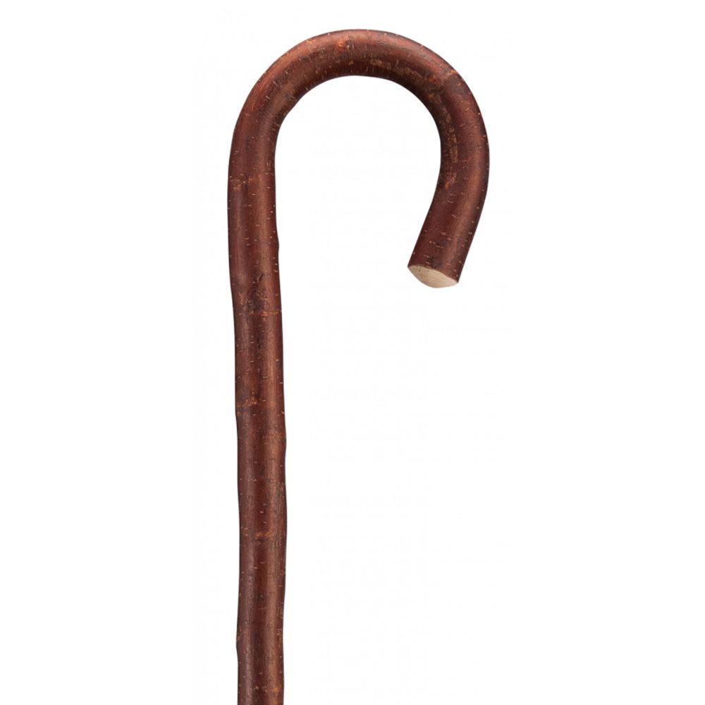 Gehstock aus braunem Holz mit gebogenem Griff. Der Stock hat eine runde Form und eine glatte Oberfläche.