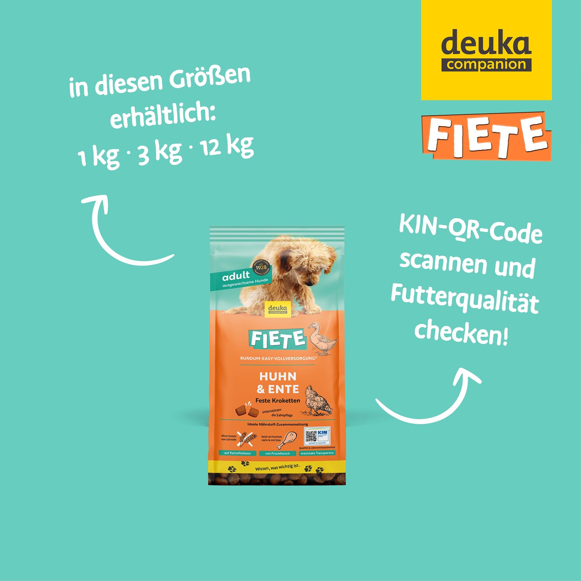 FIETE Adult Huhn & Ente Trockenfutter. Größen: 1 kg, 3 kg, 12 kg. QR-Code zum Scannen. Hintergrund: Türkis. Logo: deuka companion.