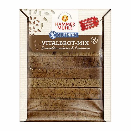 Verpackung mit glutenfreiem Vitalbrot-Mix. Sichtbar sind Brotscheiben, Marke Hammermühle, Hinweis auf Sonnenblumenkerne & Leinsamen.