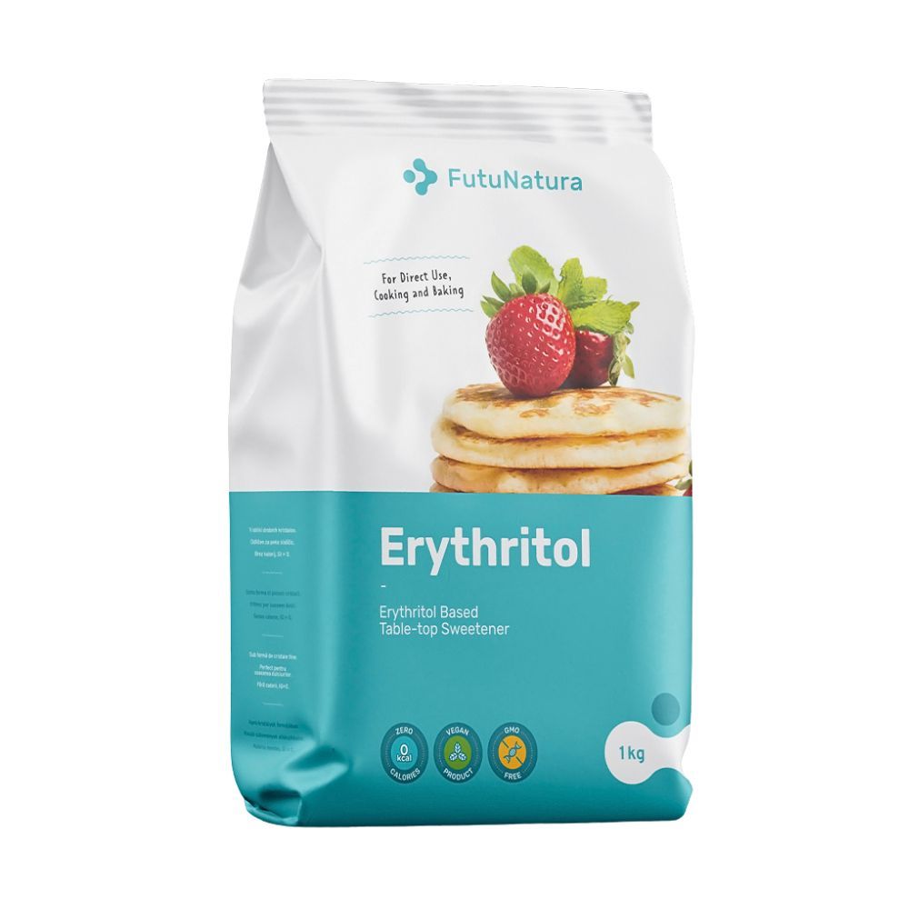 Beutel mit FutuNatura Erythrit. Aufdruck: Erythrit, 1 kg. Abbildung von Pfannkuchen mit Erdbeeren.