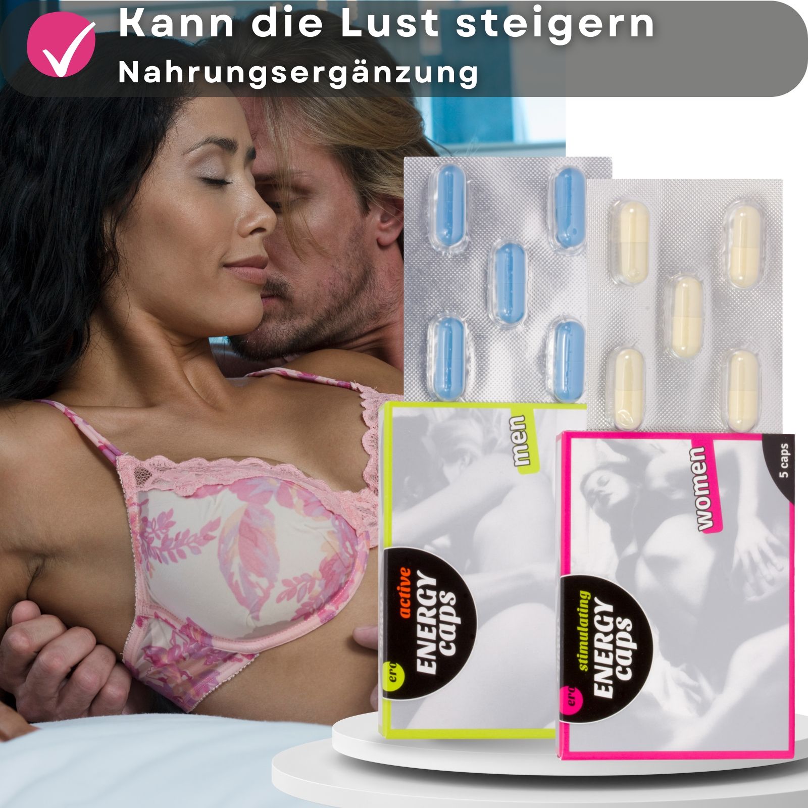 Zwei Schachteln mit Kapseln. Aufschrift: Ero, Energy Caps. Aufschrift: women, men. Ein Paar umarmt sich.