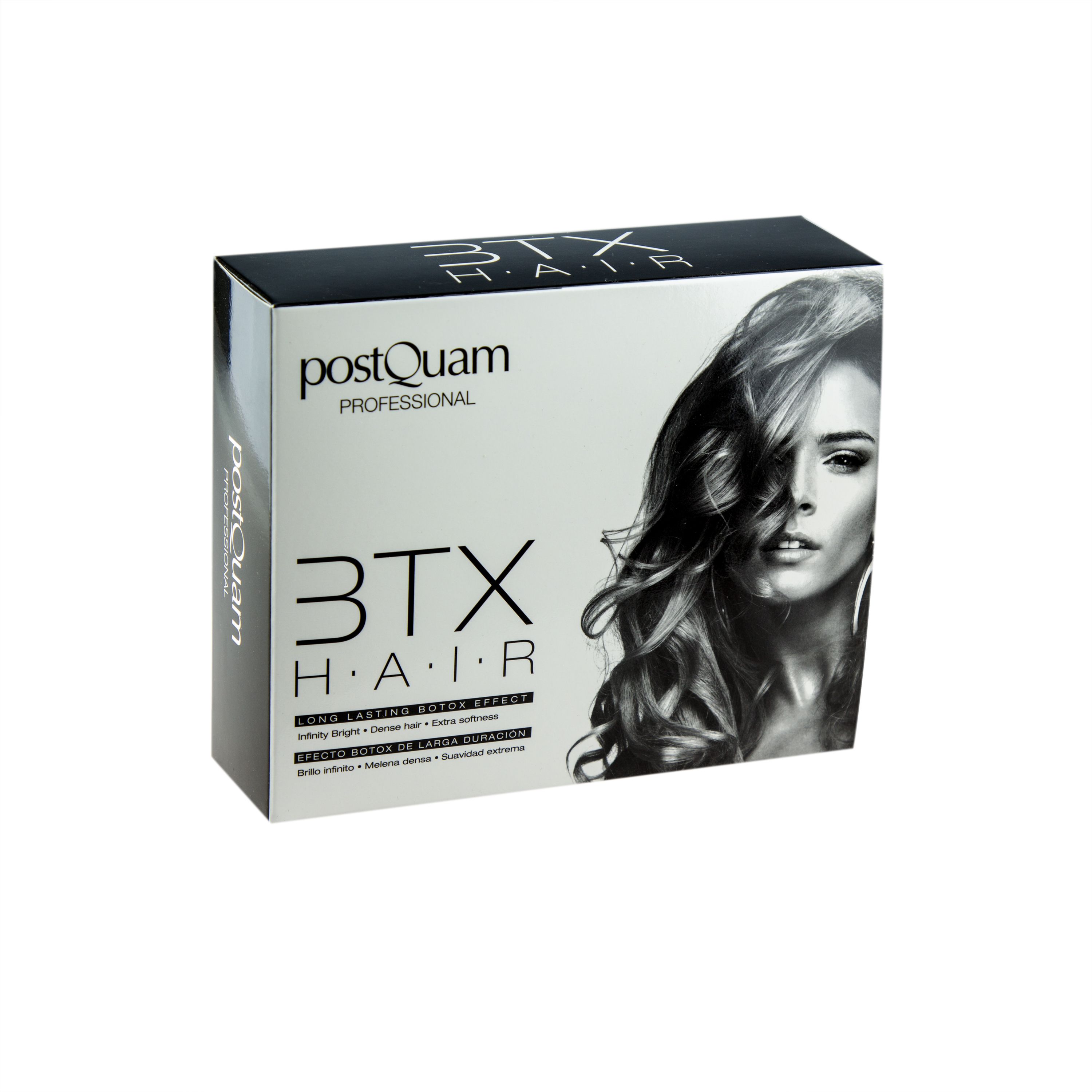 Produktverpackung mit Aufdruck: PostQuam, 3TX HAIR. Abbildung einer Frau mit welligem Haar.
