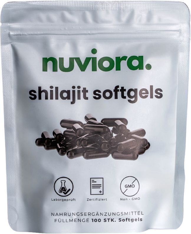 Beutel mit Shilajit Softgels. Text: NUVIORA, Shilajit softgels. Nahrungsergänzungsmittel. 100 Stk. Softgels. Laborgeprüft, zertifiziert, Non-GMO.