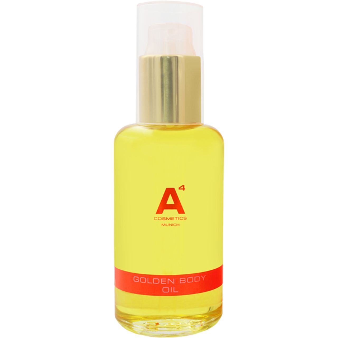 Goldfarbenes Körperöl in Glasflasche mit Spender. Rote und goldene Akzente. Aufschrift: Golden Body Oil, A4 Cosmetics.