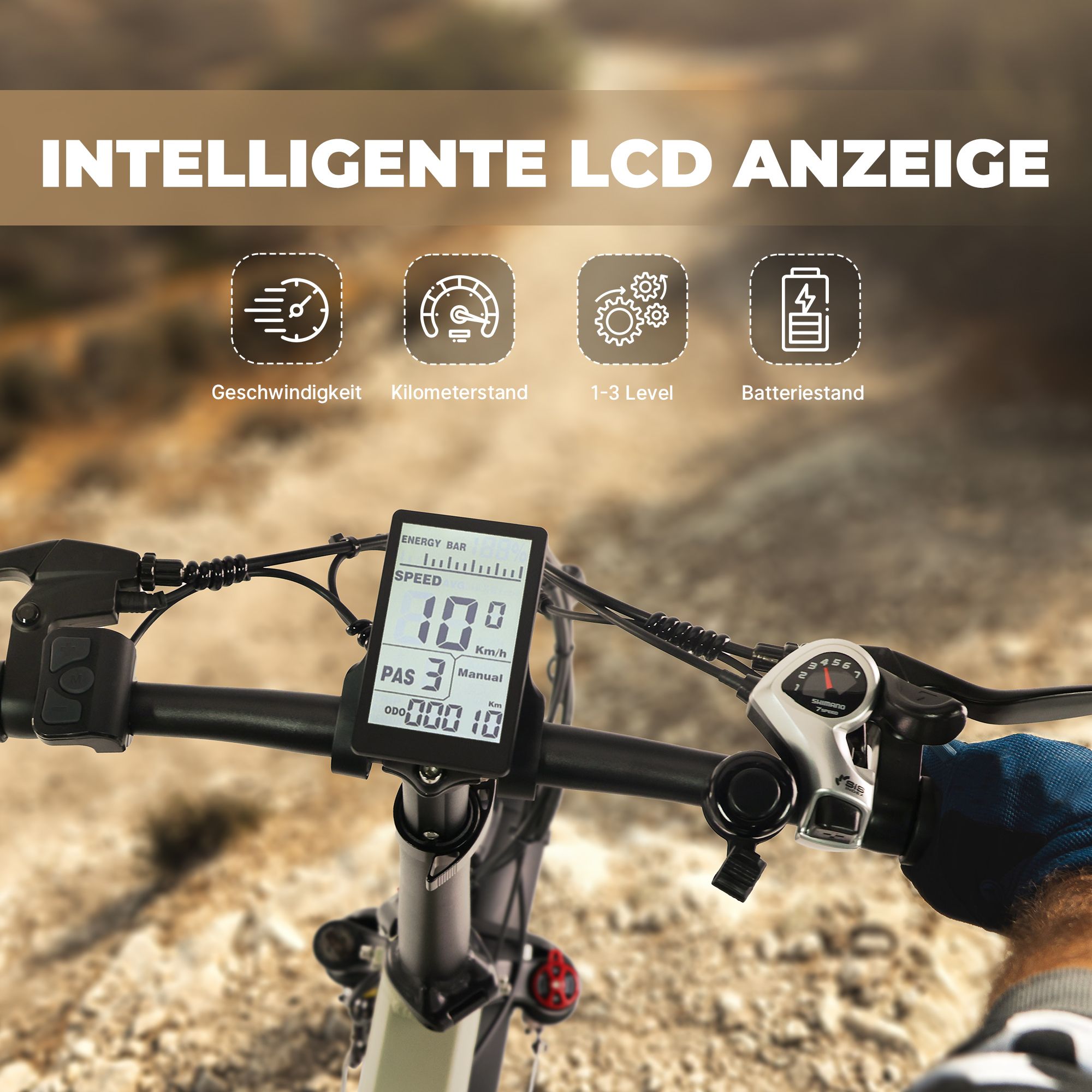 Intelligente LCD-Anzeige. Geschwindigkeit, Kilometerstand, 1-3 Level, Batteriestand. Schwarzer Lenker.