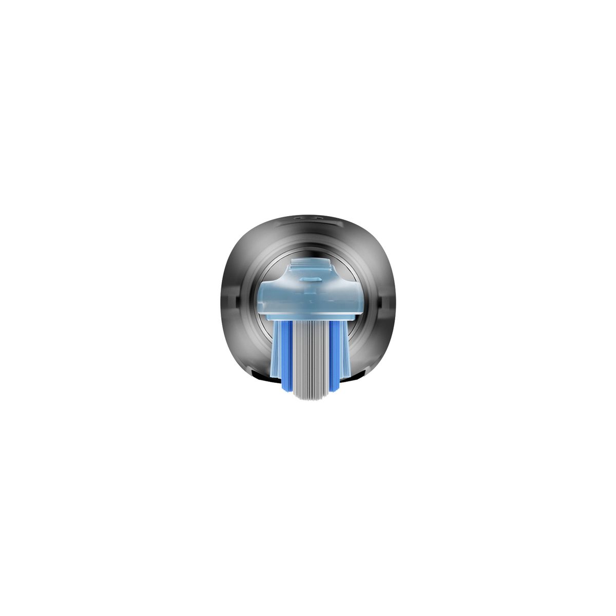 Draufsicht auf den Bürstenkopf einer elektrischen Zahnbürste. Blaue Borsten. Oclean X Pro 20.