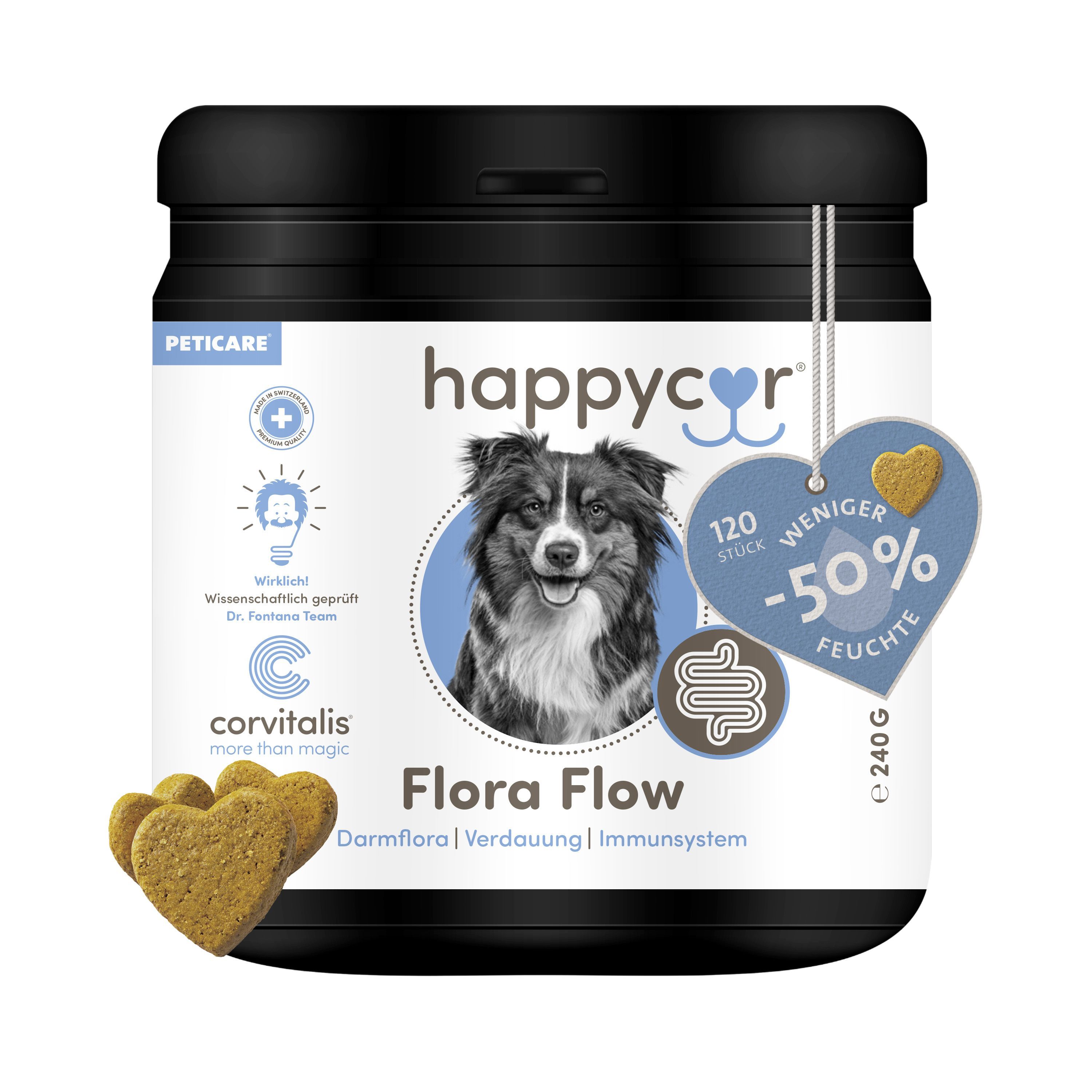 Schwarze Dose mit Produkt. Aufschrift happycor Flora Flow. Herzförmiges Etikett mit -50% Feuchte. 3 Hundesnacks.