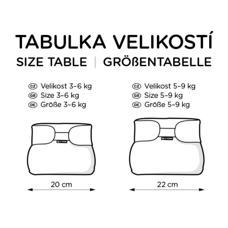 Größentabelle für Spreizhöschen: 5-9 kg (22 cm) und 3-6 kg (20 cm). Marke T-Tomi.