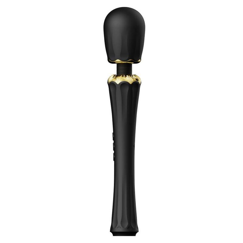 Schwarzer Stabvibrator mit geriffelter Oberfläche, goldenen Akzenten und drei Diamant-Symbolen. Kopf und Griff sind abgerundet.