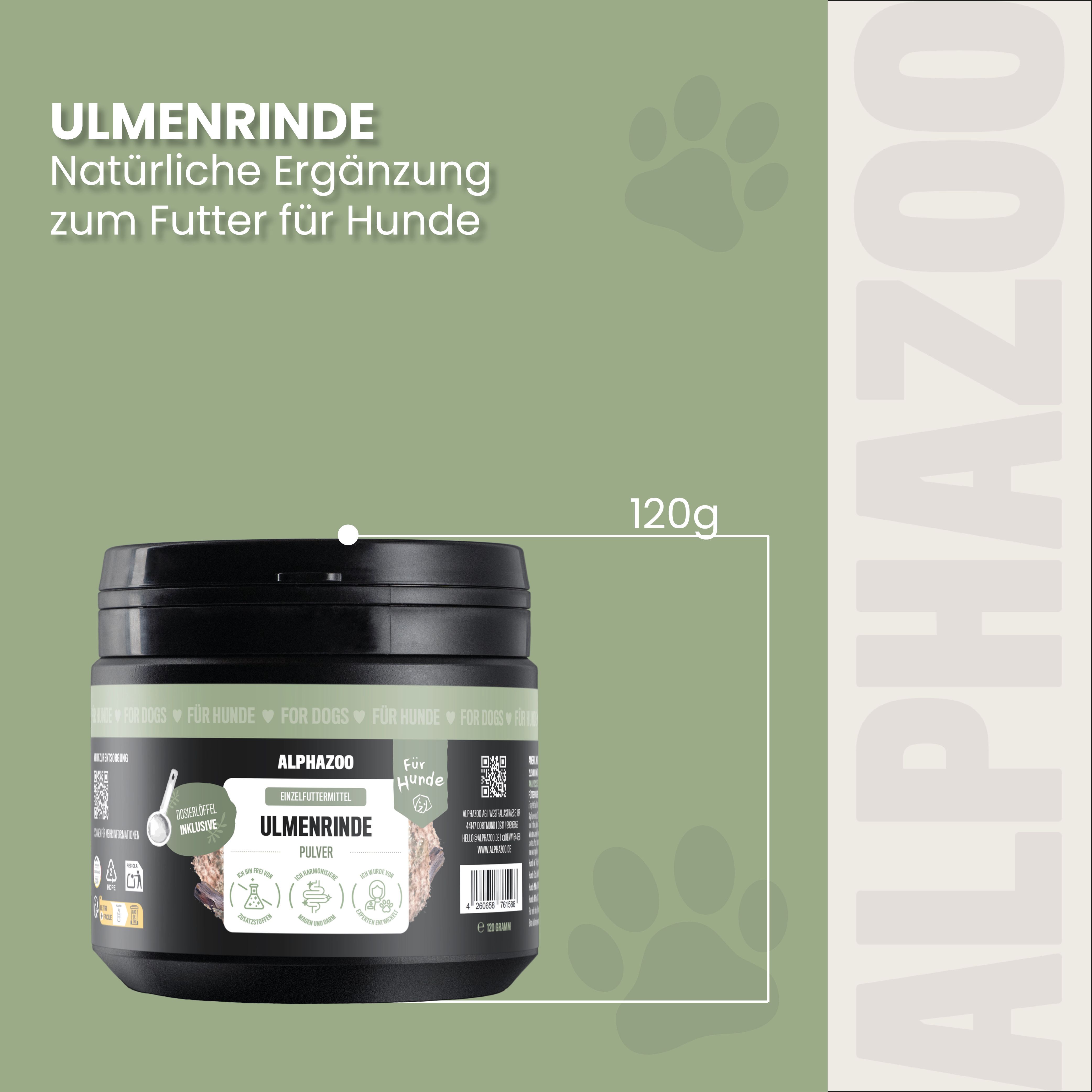 Schwarze Dose mit Produkt. Text: ULMENRINDE, Natürliche Ergänzung zum Futter für Hunde. ALPHA ZOO. 120g. Produktname und Marke sichtbar.