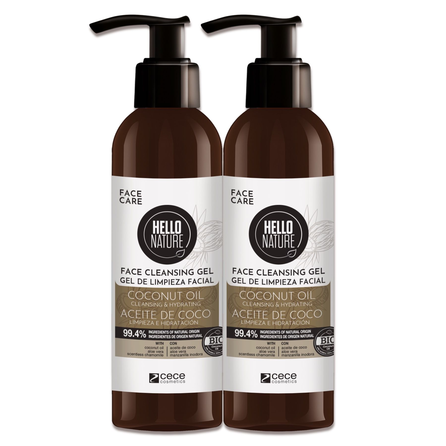 Zwei Flaschen Gesichtreinigungsgel mit Kokosöl. Logo Hello Nature. Text: 99,4% natürliche Inhaltsstoffe.
