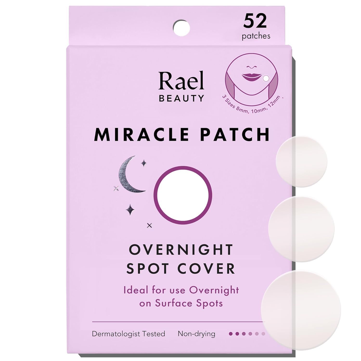 Verpackung mit 52 Pflastern. Marke: Rael Beauty. Produktname: Miracle Patch. Text: Overnight Spot Cover. Dermatologisch getestet.