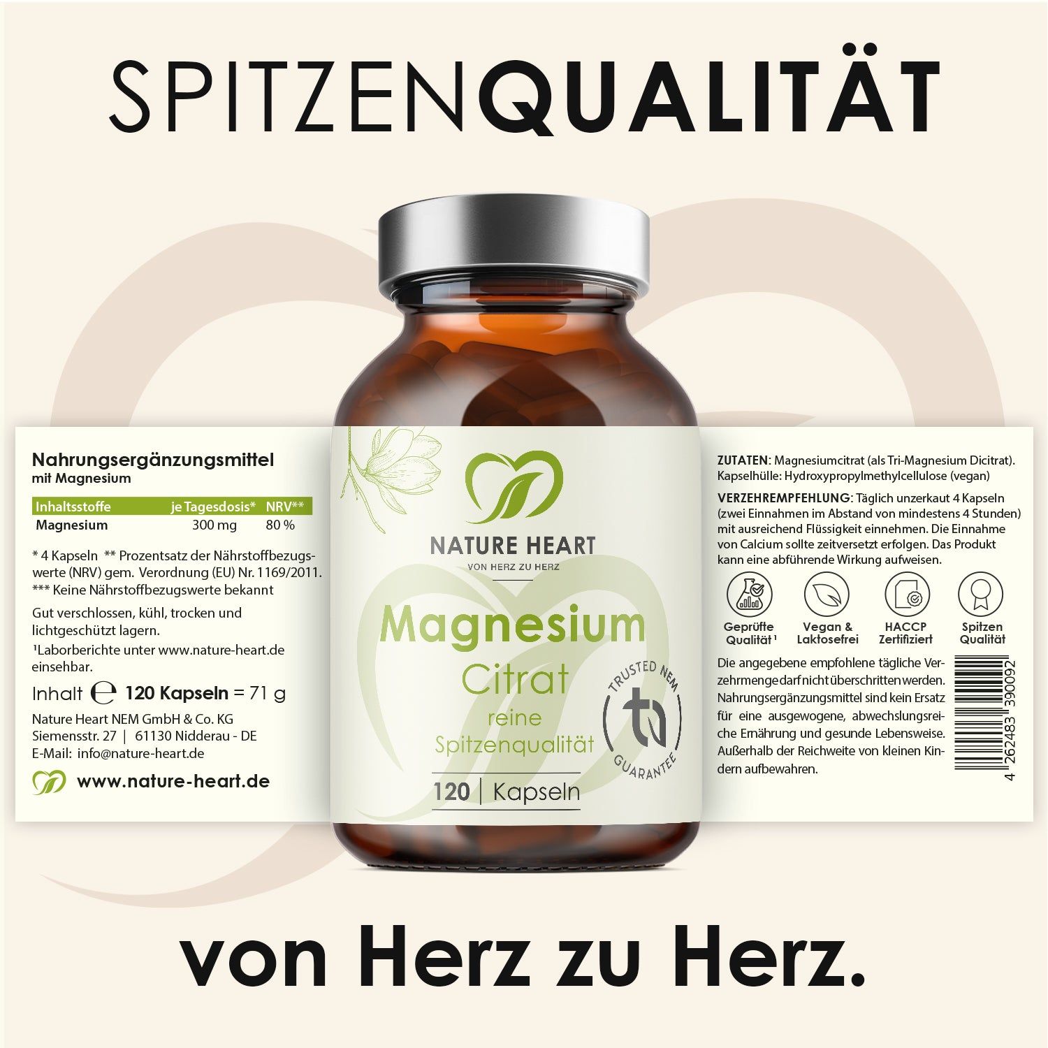 Nature Heart Magnesium Citrat Kapseln, 120 Stück in Braunglasflasche. Nährwertangaben und Hinweise.
