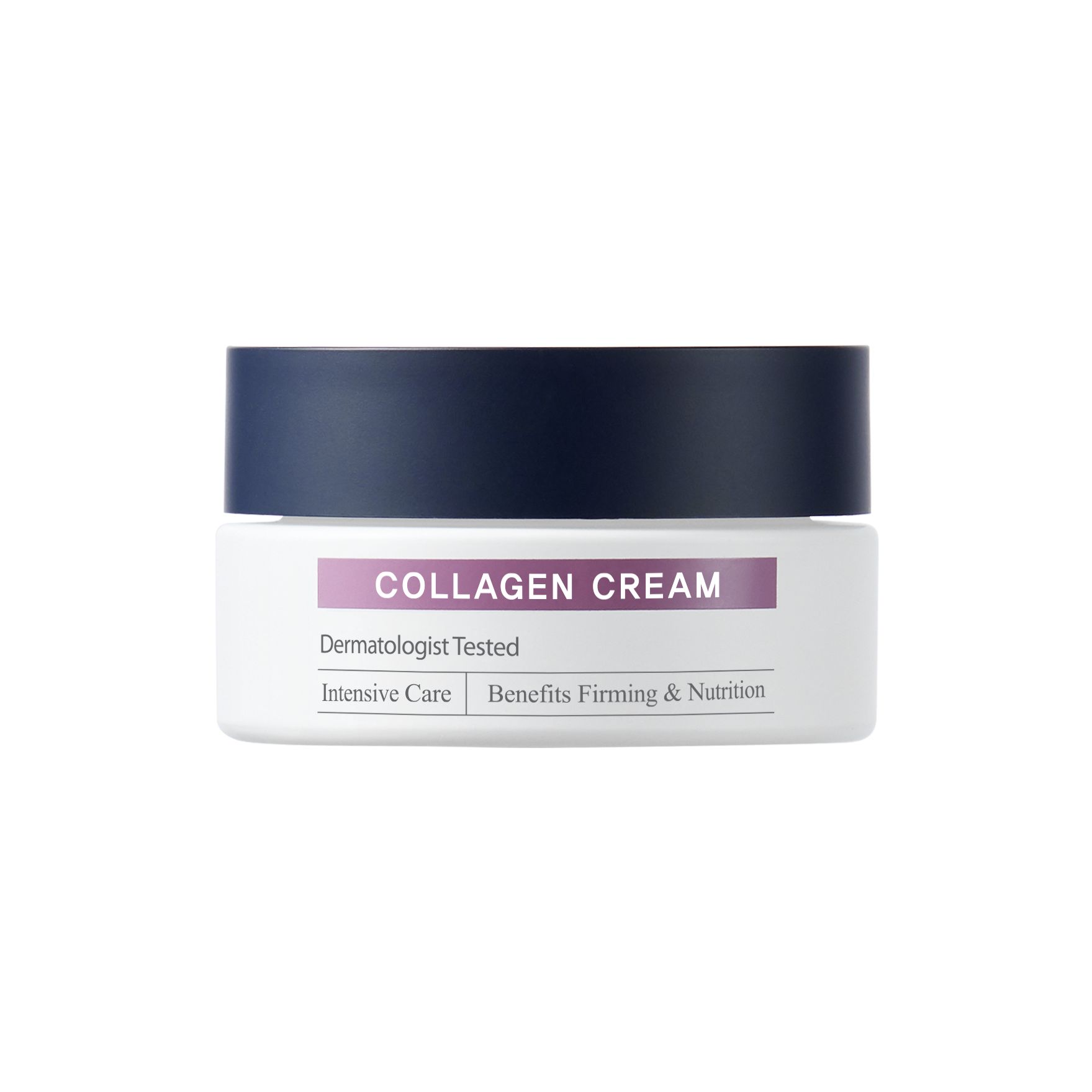 Creme-Behälter mit Deckel. Aufschrift: Collagen Cream. Zusätzliche Angaben: Dermatologisch getestet, Intensive Care, Benefits Firming & Nutrition.
