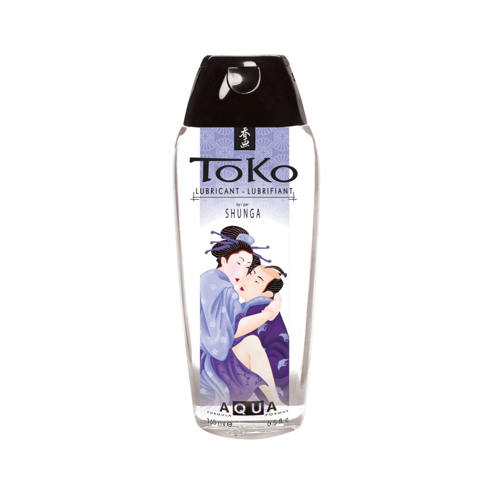 Klare Flasche mit schwarzem Deckel. Aufkleber mit Illustration eines Paares. Text: ToKo, Shunga, Aqua.