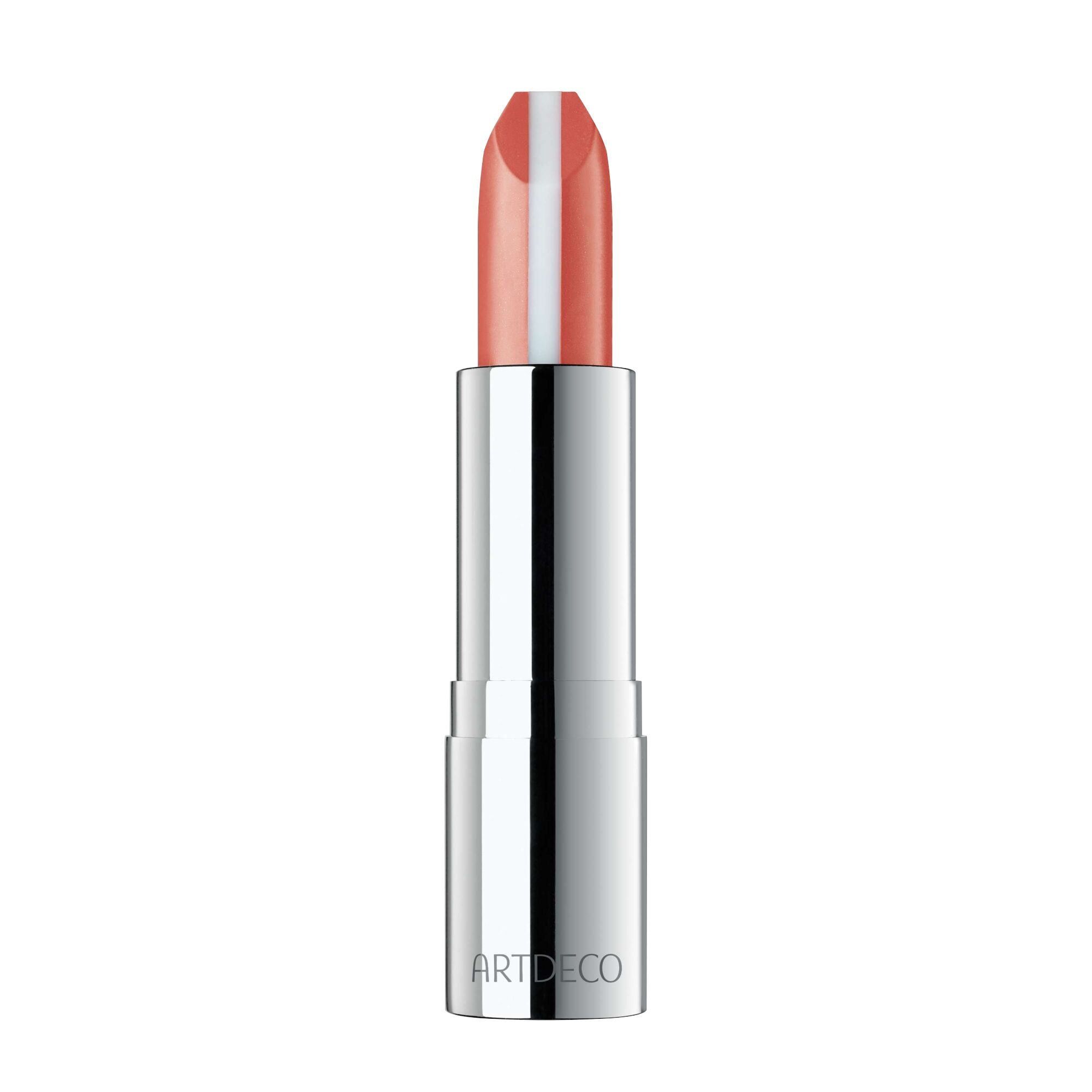 Lippenstift mit silberner Hülse. Der Lippenstift hat eine rosa-orange Farbe mit einem weißen Streifen in der Mitte. Der Markenname ARTDECO ist sichtbar.